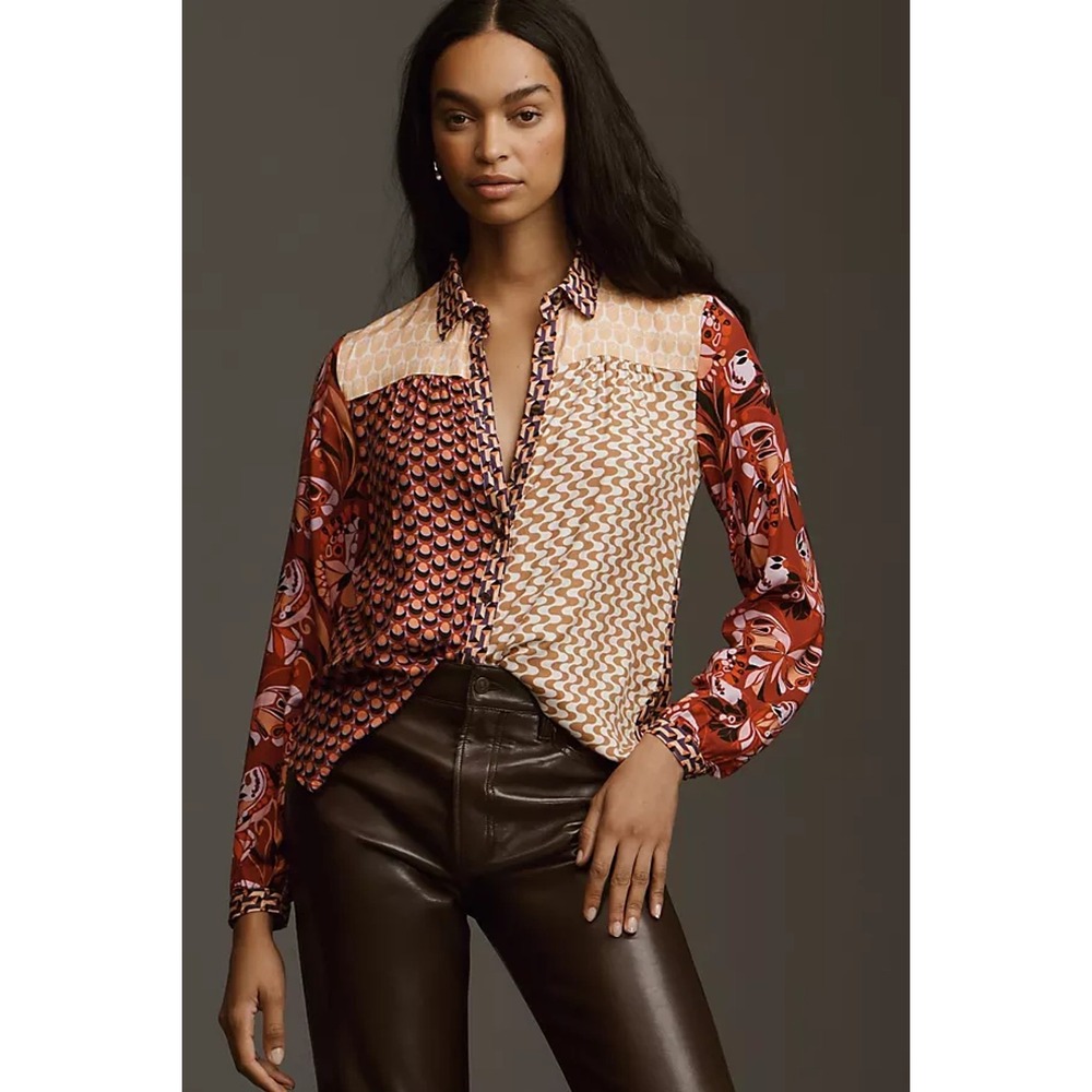 Maeve Anthropologie The Paz Mixed Print Button Down Shirt M Geometric Floral 70s